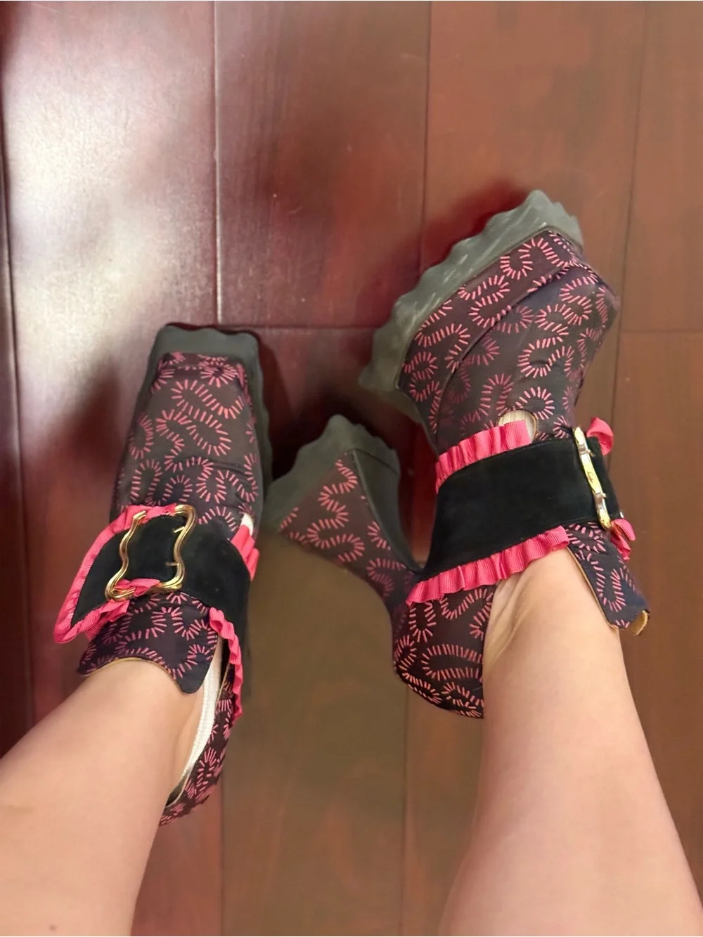 John Fluevog Ruffle Elektra Black and Pink Platform Heels